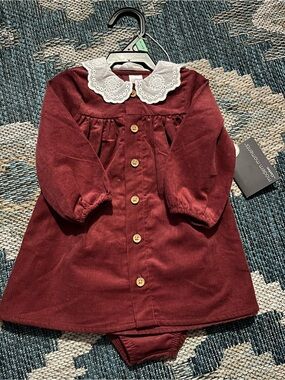 Classic Burgundy Corduroy Baby Dress with Lace Collar